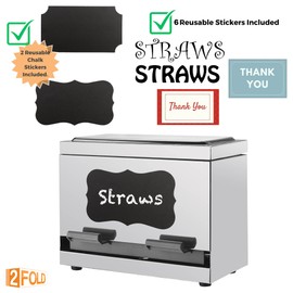 2Fold Stainless Steel Straw Dispenser - Drinking Straw Holder For Bulk Unwrapped Paper and Disposable Plastic Straws - Includes Custom Label Stickers (Blue)