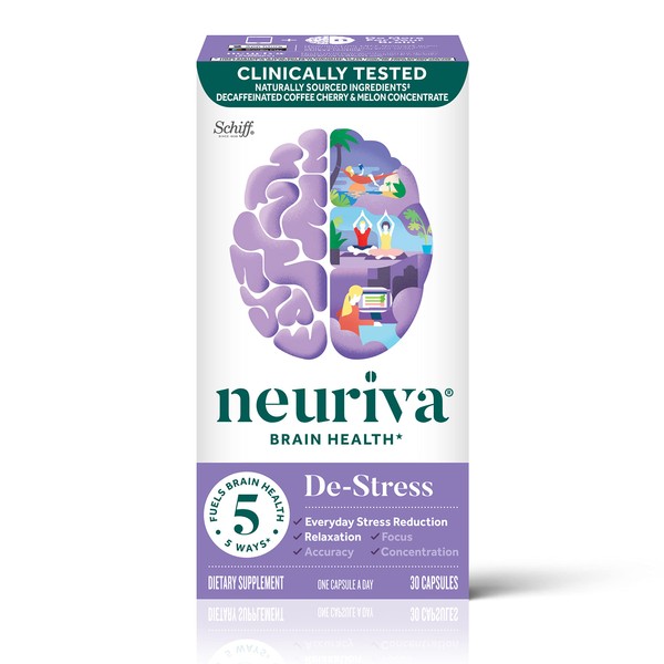 NEURIVA Destress Brain Supplement for Focus, Concentration & Accuracy with L-Theanine for Relaxation & Everyday Stress Reduction and Melon Concentrate to Help Fight Oxidative Stress, 30ct Capsules