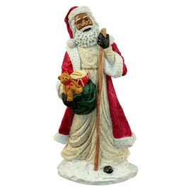 Black Santa with Garland Holding Gift Sack and Cane Collectible Figurine, 10.5" Tall