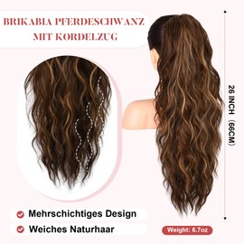 Brikabia Ponytail Extension, 66 cm Long Braid Ponytail Hair Extension, Beach Wavy Natural Clip-In Ponytail Hairpiece, Synthetic Hair for Women, Chestnut Brown with Golden Reflections