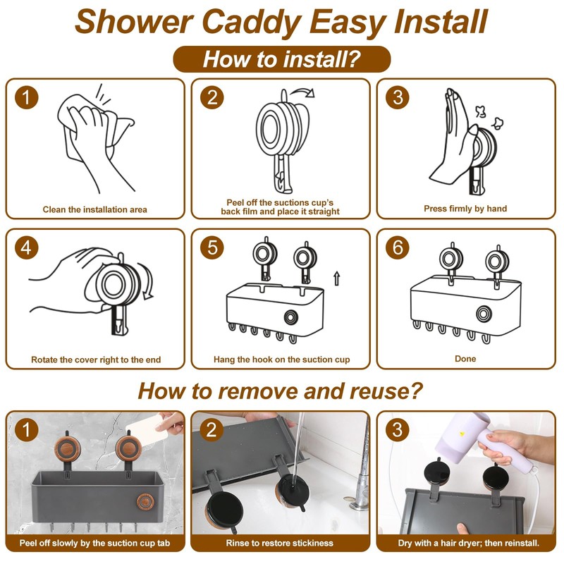 HONGYUETECH Suction Cup Shower Caddy, Removable Plastic Shower Shelf with