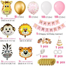 Jungle Birthday Decoration Girls, Pink Safari Birthday Decoration, Children's Birthday Decoration Safari Animal Balloons, Happy Birthday Banner Decoration for Girls, Forest Animals Balloons, 1-5