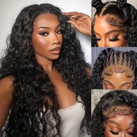 DZFAYESM 13x4 Deep Wave Lace Front Wigs Human Hair 200% Density Black Curly Human Hair Wig Long Natural Wigs for Black Women Transparent Lace Frontal Wig for Daily Wear 30 Inch