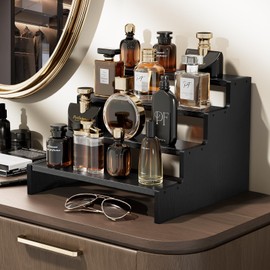 ProCase Wooden Cologne Organizer for Men, 4 Tier Perfume Organizer Display Risers, Mens Cologne Stand Holder Organizer, Cologne Shelf Rack for Fragrances Candles Cosmetics Cupcake Figure -Black