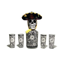 Tequila Decanter Set, Liquor Decanter with Shot Glasses and Mexican Sombrero, Hand-painted Decanter, Skull Decanter, Bar Decoration, Unique Tequila Gift, Gift For Dad (White Decanter Set)