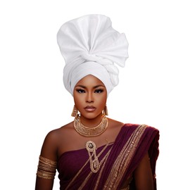 Auto Gele African Head Tie of Nigeria ASO Oke Headwraps Hat Turban Wedding Party Handmade Elegant Hair Wear Cap for Women (US, Alpha, One Size, Large, White)