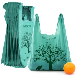 Stock Your Home 200 Pack Thank You Bags Disposable Eco Grocery T-Shirt Bag with Handles for Supermarket, Groceries, Produce, Shopping, Trash, Small Commercially Compostable Baggies Bulk