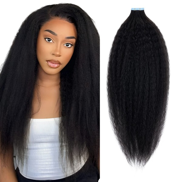 Elailite Tape-In Afro Extensions, Kinky Straight Hair Extensions, Real Hair Extensions, Tape, Curly Tape Extensions, Real Hair, 55 cm, 50 g, #1B Natural Black