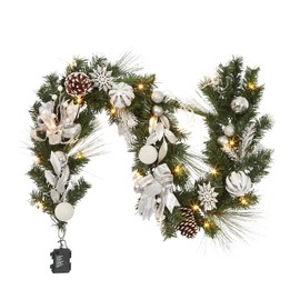 LinTimes Christmas Garland with 20 LED Lights, 6 FT Pre-lit Silver White Xmas Garland with Bow-Knot Ball Ornaments, Battery Operated Garland with Timer for Mantle Staircase Table Decoration