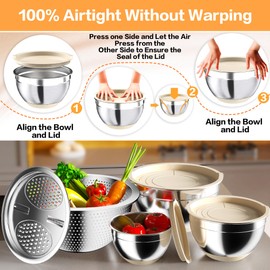 Nicdiet Mixing Bowls with Airtight Lids, Stainless Steel Mixing Bowl Set with 3 Metal Nesting Bowls, Colander & Grater, Non-Slip Bottoms, Size 1.5, 2.5, 5 QT, Great for Mixing & Serving, Khaki
