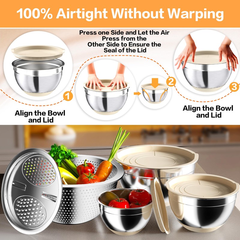 Nicdiet Mixing Bowls with Airtight Lids, Stainless Steel Mixing Bowl