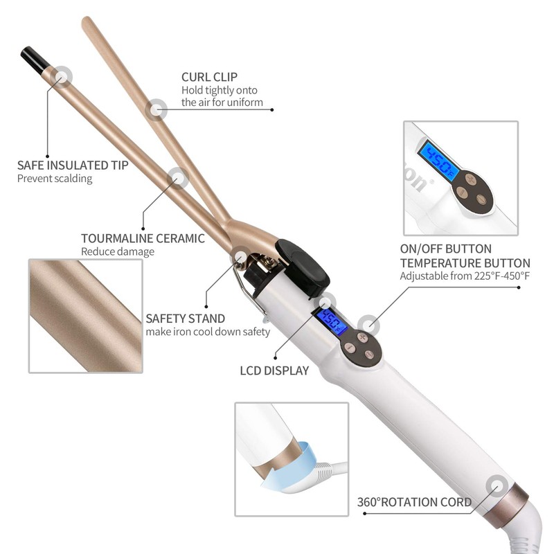 9mm Curling Iron Professional, 3/8 Inch Ceramic Tourmaline Curl Wand