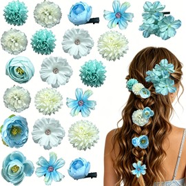 21Pcs Boho Flower Hair Clips Floral Barrettes for Bride Wedding Beach Party Festival (Blue & White)