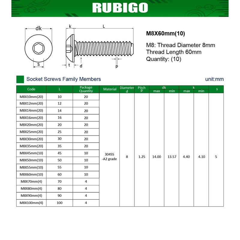Rubigo M8 Bolts, M8 x 60mm Hex Socket Button Head