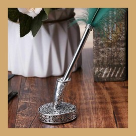 Acxico 1Pcs Vintage Round Metal Insertion Pen Holder Feather Quill Dip Pens Base for School Office Supplies Student Gift