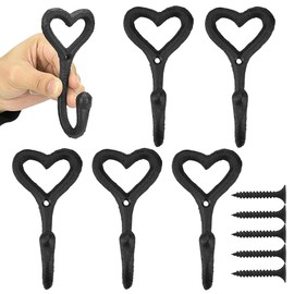VCRANONR Pack of 5 Coat Hooks with 5 Screws Coat Hooks Wall Vintage Cast Iron Wall Hooks / Metal Hooks Vintage Heart Coat Hooks Wall Black for Bedroom Garden Cupboard Wardrobe Hooks