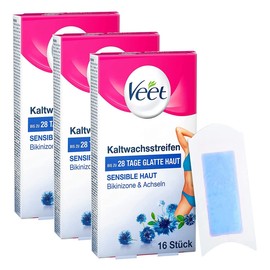 Veet Bikini Cold Wax Strips, Pack of 3 (3 x 16 Pieces)