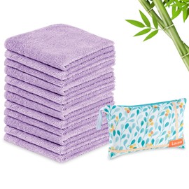 Lavien Home 12 Pack Rayon from Bamboo Washcloths with Multi-Purpose Clutch Bag, Ultra-Soft Absorbent Towels for Face, Body, Shower, Make-Up, Baby, and More - Cloud Touch 10"x10" (Lilac)