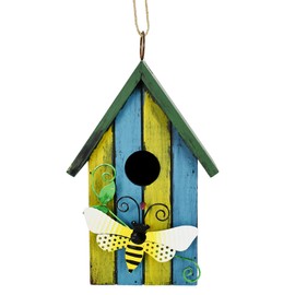 Wooden Decorative Birdhouse Hanging Bird House Hand Painted Birds Box Outdoor Garden Decor Bird Feeder for Finch Hummingbird Cardinals Bluebirds Sparrows Chickadees (Bee)