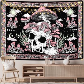 Uspring Mushroom Tapestry Skull Wall Tapestries Skeleton Tapestry Hippie Large Pink Tapestry Leaves Tapestry for Bedroom Aesthetic, Tapestry Wall Hanging for Room (51.2 x 59.1 inches)