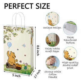 wjrsxilt 16 PCS Winnie Treat Bags Paper Goodies Candy Bags Classic Pooh Bear Party Bag for Baby Shower Present Bag Kids Party Decorations Supplies Decor 8.6 * 5 * 3.7inch