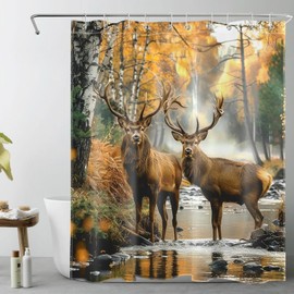LB Deer Forest Shower Curtain Fall Wildlife Animal Elk Hunting Bathroom Shower Curtain Rustic Farmhouse Foggy Forest Bathroom Curtain with Hooks 72Lx60W Inch Polyester Fabric Bath Curtain
