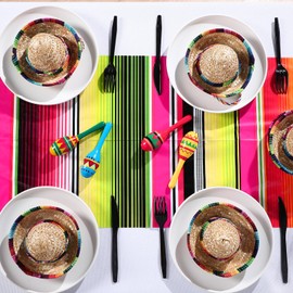 Preboun 12 Pcs Plastic Mexican Table Runner Disposable Mexican Serape Table Runner 14 x 108 Inch Mexican Theme Party Decor Fiesta Colorful Striped Table Cover for Cinco De Mayo Party (Rose Red)