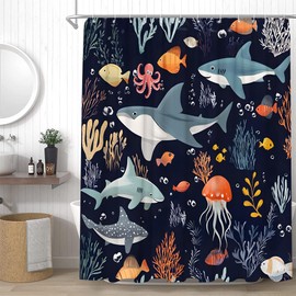 YSSFAV Sea Animal Shower Curtain Funny Cartoon Underwater Whale Dolphin Octopus Shark Fish Marine Life Bathroom Decor Curtains Set with Hooks, 70" W x 70" H