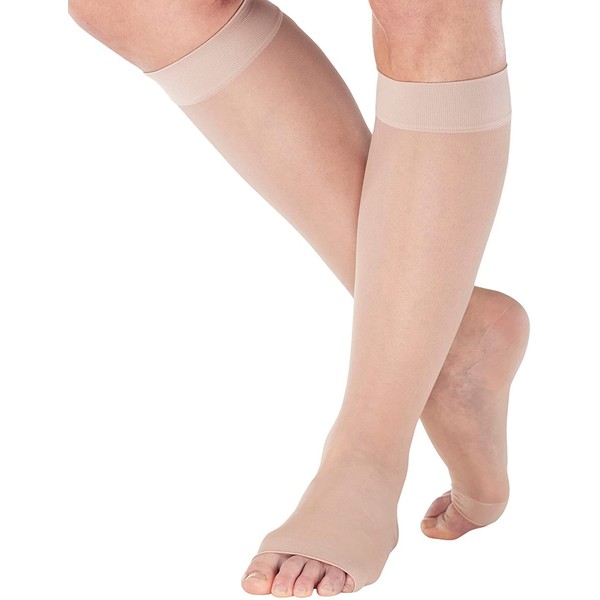ABSOLUTE SUPPORT Made in USA - Sheer Compression Socks for Women Circulation 15-20mmHg - Compression Knee High Stockings with Open Toe for Arthritis, Swelling, Lymphedema - Nude, Small - A111NU1
