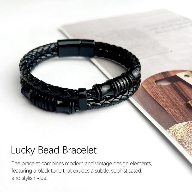 Tienyuu Men’s Double-Row Braided Leather Bracelet with Stainless Steel Ornaments