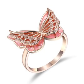 hsiyyecg Dainty Cute Flying Wings Butterfly Drop Glaze Enamel Pink Cubic Zirconia CZ Ring for Women, Rose Gold Plated Bow-Knot Rings Wedding Jewelry Gifts(8)