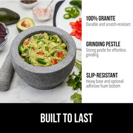 GORILLA GRIP Heavy Duty Mortar and Pestle Set with Slip Resistant Base, 100% Granite Stone Molcajete Guacamole Bowl, Grind Seeds, Garlic, Herb, Kitchen Muddler, Christmas Gifts for Chefs, 1.5 Cup Gray