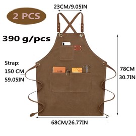 Kitchen Apron Canvas 2 Pack Work Apron with 3 Pockets Adjustable Strap BBQ Apron Waterproof Professional for Men Women Hairdresser Kitchen Gardener, brown