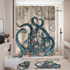 Coxila Vintage Octopus Shower Curtain Set Nautical Funny Fun Ocean Cool Kraken Pirate Ship World Map Toilet Lid Cover U Shaped Bath Mat 4 Pcs Decor Bathroom Non-Slip Rug Fabric Polyester 60x72 Inch