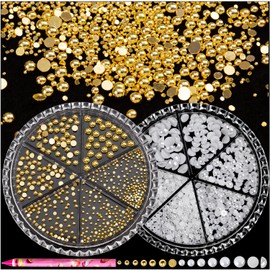 Haozher 2 Boxes Caviar Beads Pearl Nail Charms for Nails Design, Gold Half Round Caviar Beads for Nail, White Flatback Pearls for Crafting, Small 3D Nail Charms for Decor Crafts Jewelry w/Wax Pencil