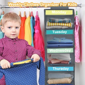 Weekly Clothes Organizer for Kids, Days of The Week Clothes Organizer with 6 Side Pockets, 5-Shelf Hanging Closet Organizer with Monday Through Friday Labels, Weekly Clothing Divider (Dark grey)