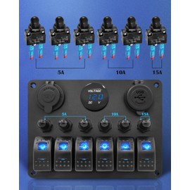 Aluminum 6 Gang Marine Rocker Switch Panel Waterproof for Boat Circuit Breaker Protected, Digital Voltage Display, PD QC3.0 USB Port,12V DC Power Socket for Trailer Bus Car Truck RV Vehicles Yacht