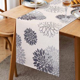 Inhobbok Table Runner Light Grey Dahlia Flower Linen Modern Attractive Farmhouse Geometric Table Centre Decor for Living Room Dining Party Patio Table Runner 33 x 183 cm