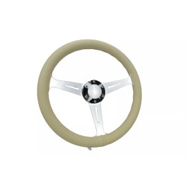 New World Motoring 14" 350mm Tan PVC Chrome 3-Spoke Classic steering wheel slotted with horn