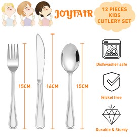 Childrens Cutlery Set, Joyfair 12-Piece Stainless Steel Kids Utensils Set, Toddler Eating Flatware Silverware Set Include 4 Forks, 4 Spoons, 4 Safe Knives, Small Size & Reusable, Dishwasher Safe