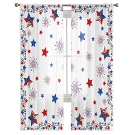Lkicikik Sheer Curtains 63 inches Long 2 Panels Set 4th of July Patriotic Independence Day American Flag Star Sheer Window Curtain Rod Pocket Voile Drapes for Living Room/Bedroom, Each 52" W x 63" L