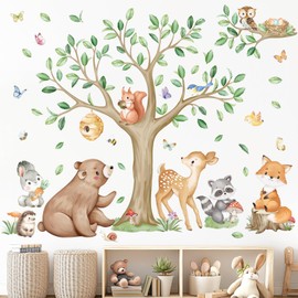 wondever Woodland Animal Tree Wall Stickers Bear Deer Fox Owl Peel and Stick Wall Art Decals for Baby Nursery Kids Bedroom Living Room