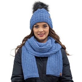 Vivisence Stylish Women's Winter Set Hat with Pompom and Warm Fleece Lining Paired with Classic Matching Scarf Made from Soft and Warm Fabric Perfect for Cold Weather, Jeans,UNI