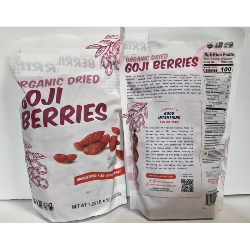 Organic Made Nature Sun-Dried Unsulfured GOJI Berries 20oz 567g (Two