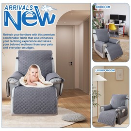 100% Waterproof Nonslip Recliner Covers for Large Recliner, Reclining Chair Covers with 5 Pockets, Elastic Straps, Washable Recliner Protector for Kids, Pets, Dogs, Light Gray