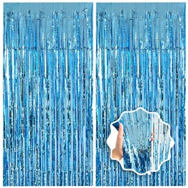 Blue Streamers Party Decorations 3.3x8.2ft 2 Pack Light Blue Tinsel Foil Fringe Curtain Backdrop Ocean Themed Party Decor Photo Booth Props for Birthday Baby Shower Bachelorette Door Hangin Wedding