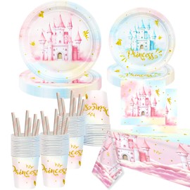Princess Party Supplies Tableware Serves 10, 9in 7in Party Plates Napkins Cups Tablecloth Straws 61PCS Princess Party Decorations
