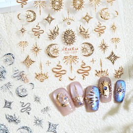 2 Sheets Gold Nail Art Stickers Silver Nail Stickers 5D Embossed Star Nail Decals Self Adhesive Sun Moon Nail Art Supplies for Women Girls DIY Manicure Nail Art Decorations