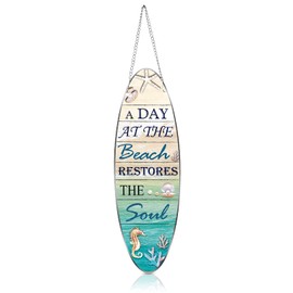 Metal Surfboard Sign Decor A Day at The Beach Restores The Soul Plaque Hanging Beach Decor for Wall and Door Outside Decor, 4 x 12.6 Inch