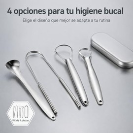 Limpiador de Lengua y Raspador de Lengua – Set de 4 Piezas de Acero Inoxidable con Estuche de Viaje, Tongue Scraper Ergonómico para Niños y Adultos, K